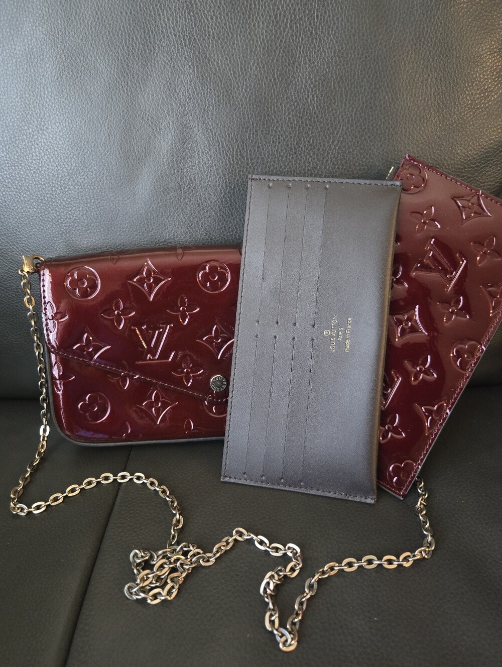 Unbranded Vernis Burgundy Patent Faux Leather Crossbody Wallet (3pcs) + Dustbag